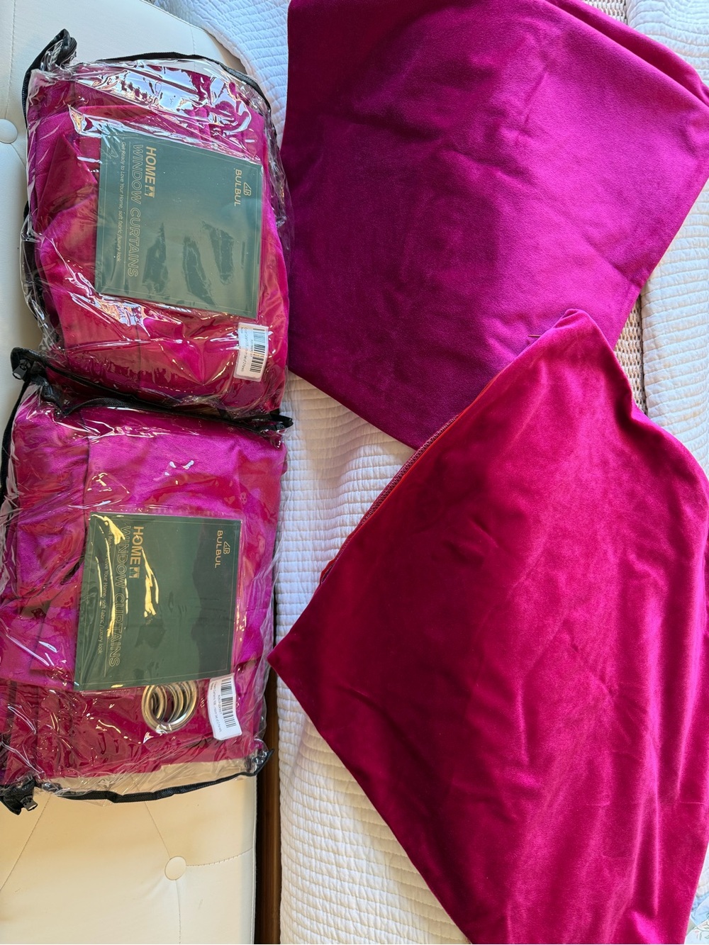 2 Plush Velvet Window Panels & Pillow Covers in Deep Magenta